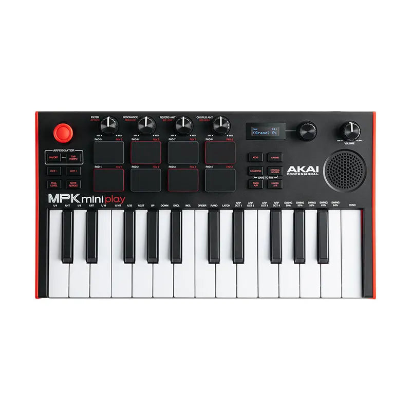 Black and red Akai Professional mpk mini play mk3 plus midi keyboard with 25 keys, pads, knobs, and built-in speaker arranger music controller