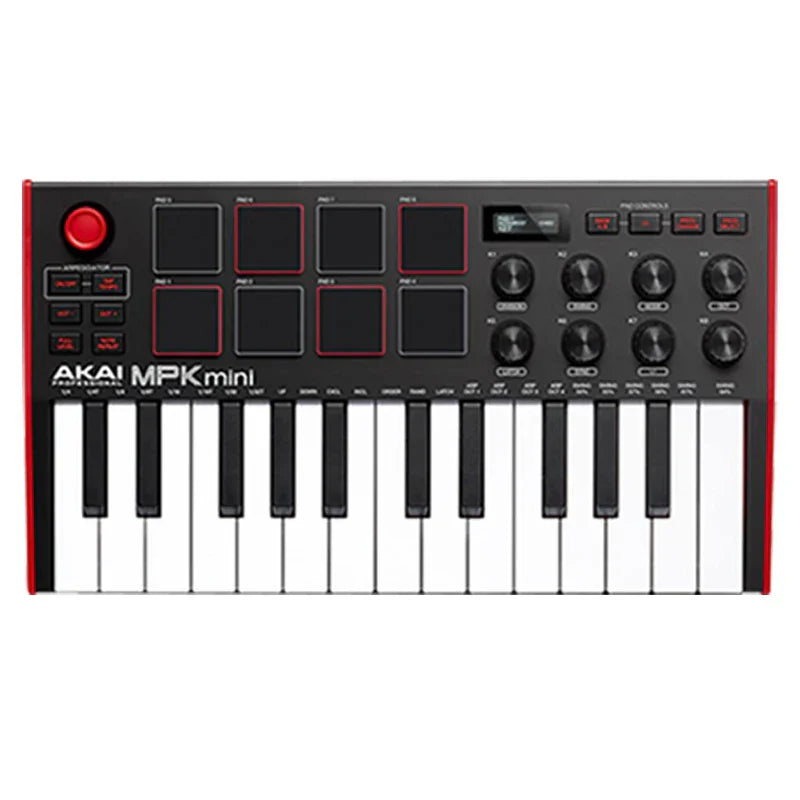 Black and red akai professional mpk mini play mk3 plus arranger music controller with 25 keys eight pads and six knobs