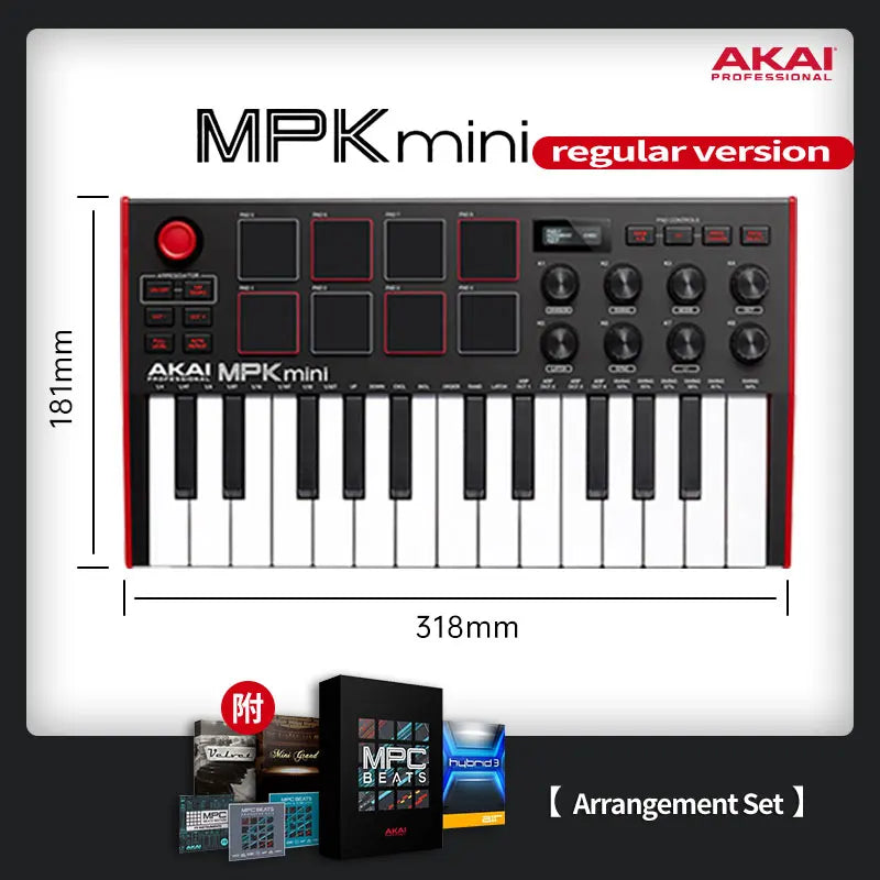 Black and red akai professional mpk mini play mk3 plus arranger music controller with 25 keys and eight pads