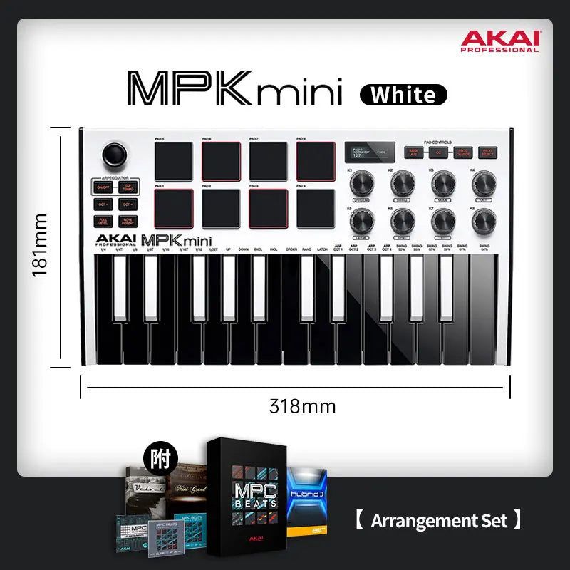 White Akai Professional MPK Mini Play MK3 Plus midi keyboard with black keys and red pads arranger music controller