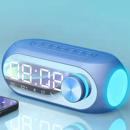 Blue alarm clock radio with digital clock display and illuminated buttons featuring speaker portable subwoofer design