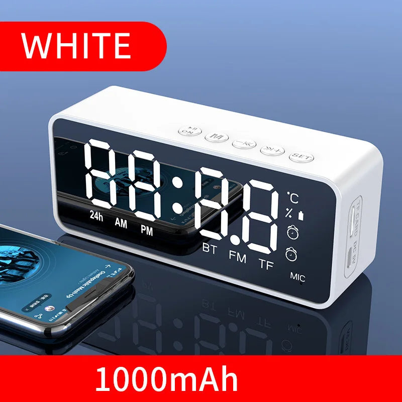 White rectangular alarm clock radio fm bluetooth speaker portable subwoofer with black display and usb charging ports