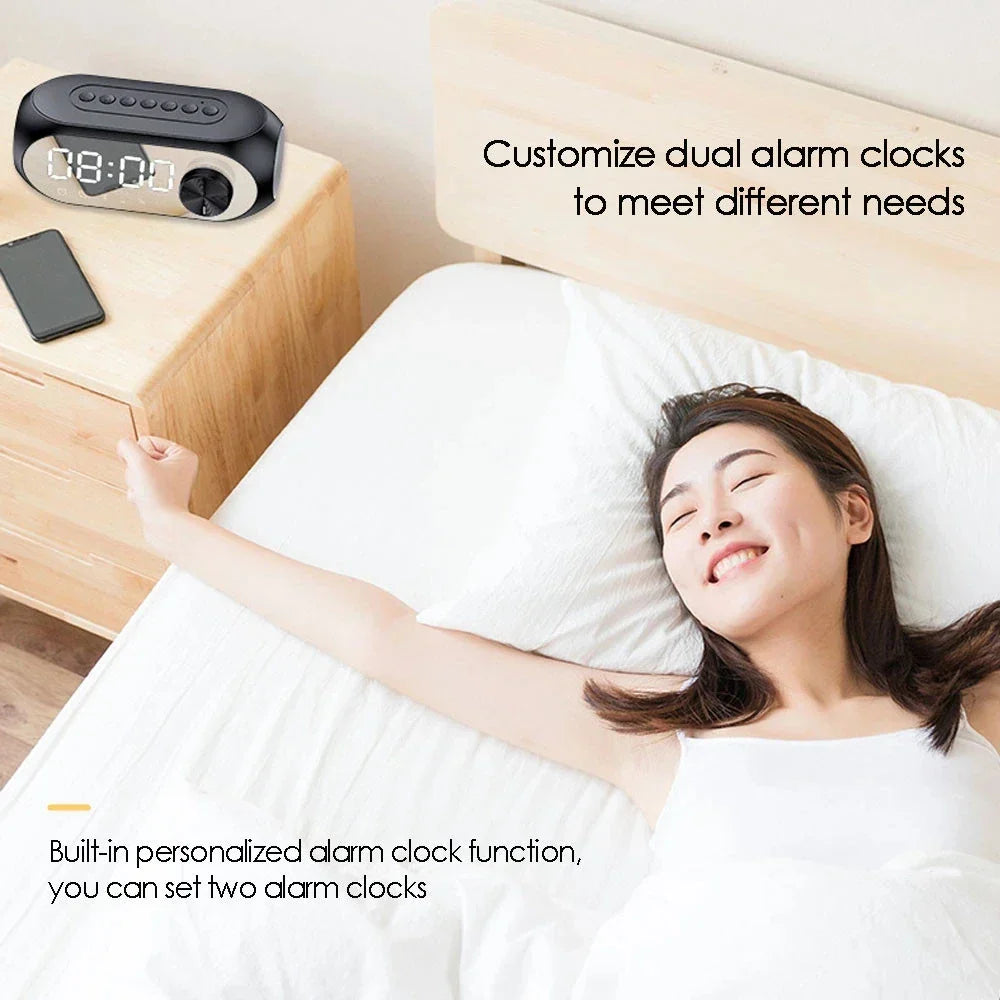 Black and silver alarm clock radio with digital display featuring radio fm bluetooth speaker portable subwoofer functions
