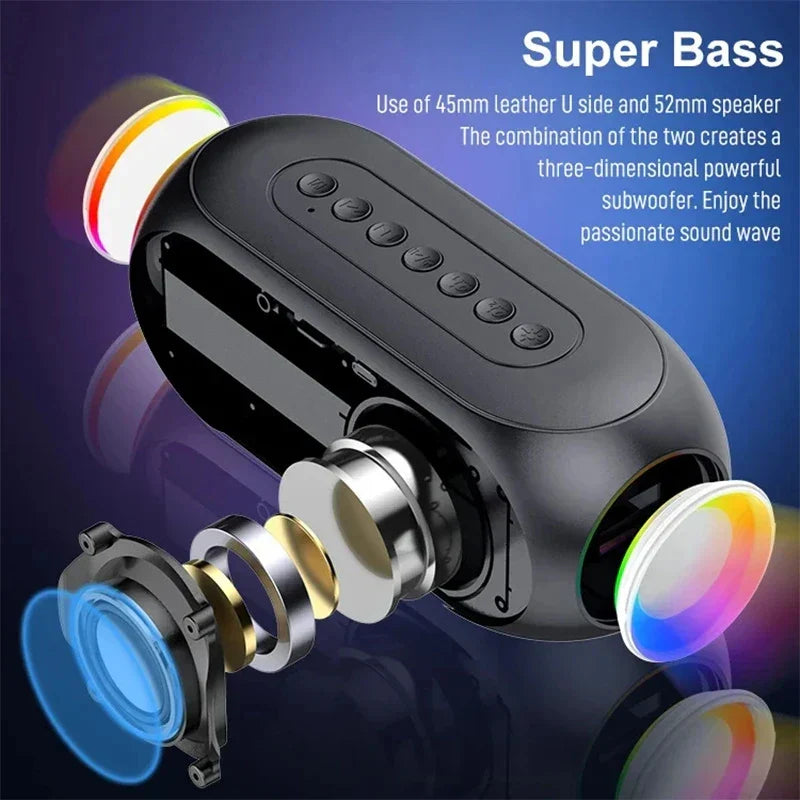 Black portable alarm clock radio with 45mm leather side and 52mm speaker portable subwoofer for powerful bass
