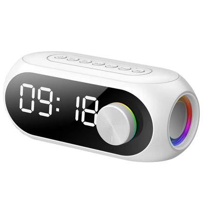 White alarm clock radio with sleek rounded design and rainbow led lighting with radio fm bluetooth speaker portable subwoofer