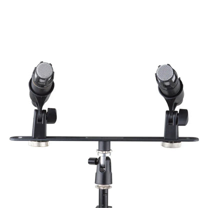 Black alctron double microphone stand with adjustable arms and silver-toned knobs for stereo recording mic use