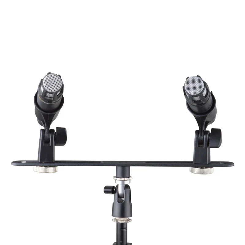 Black alctron double microphone stand with adjustable arms and silver knobs for stereo recording mic use