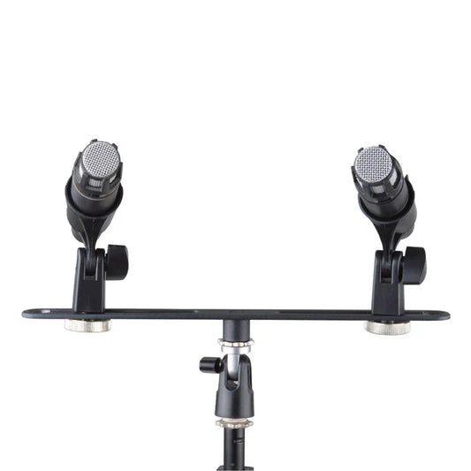 Black alctron double microphone stand with adjustable arms and silver knobs for stereo recording mic use