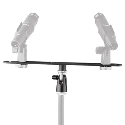Black alctron double microphone stand with adjustable clamps and central pivot for stereo recording mic use