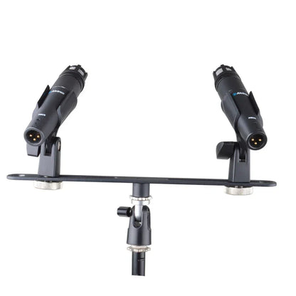Black alctron double microphone stand with dual condenser mics for stereo recording mic use in live show streaming