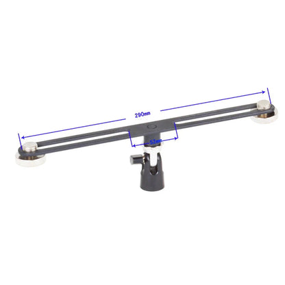 Black metal camera slider with silver-toned end caps and mounting bracket for alctron double microphone stand dual stereo recording mic use