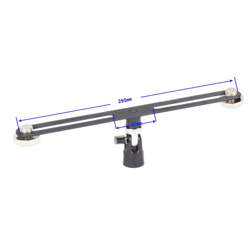 Black metal camera slider with silver end caps and central bracket for alctron double microphone stand dual stereo recording mic use
