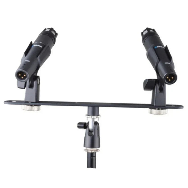 Black alctron double microphone stand mas020 with adjustable arms holding two studio condenser microphones for stereo recording dual setup