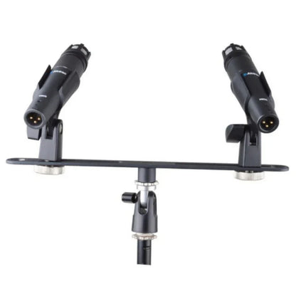 Black alctron double microphone stand mas020 with adjustable arms holding two studio condenser microphones for stereo recording dual setup