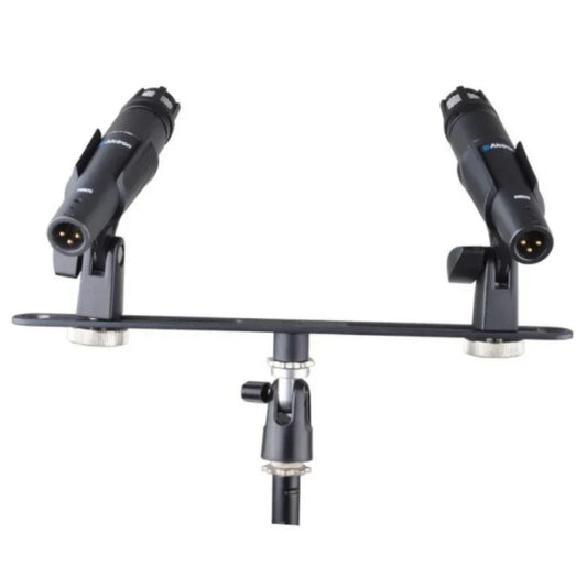 Black alctron double microphone stand mas020 with adjustable arms holding two studio condenser microphones for recording dual microphone use