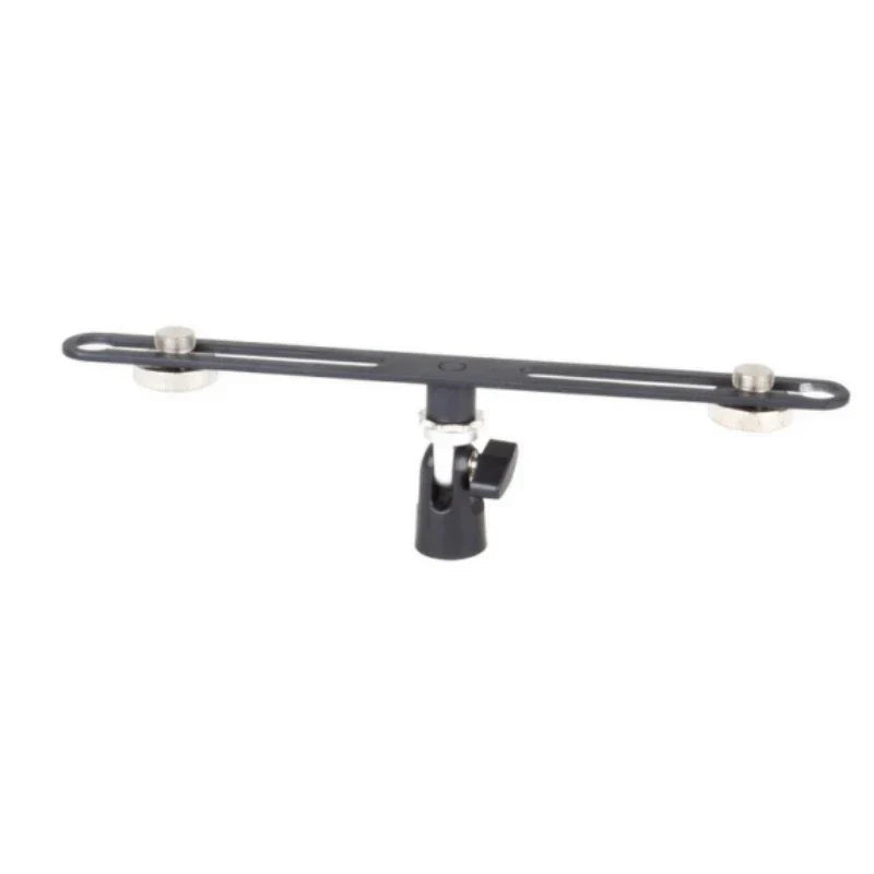 Black metal camera tripod mount with adjustable arms and silver knobs for alctron double microphone stand mas020 stereo recording dual use
