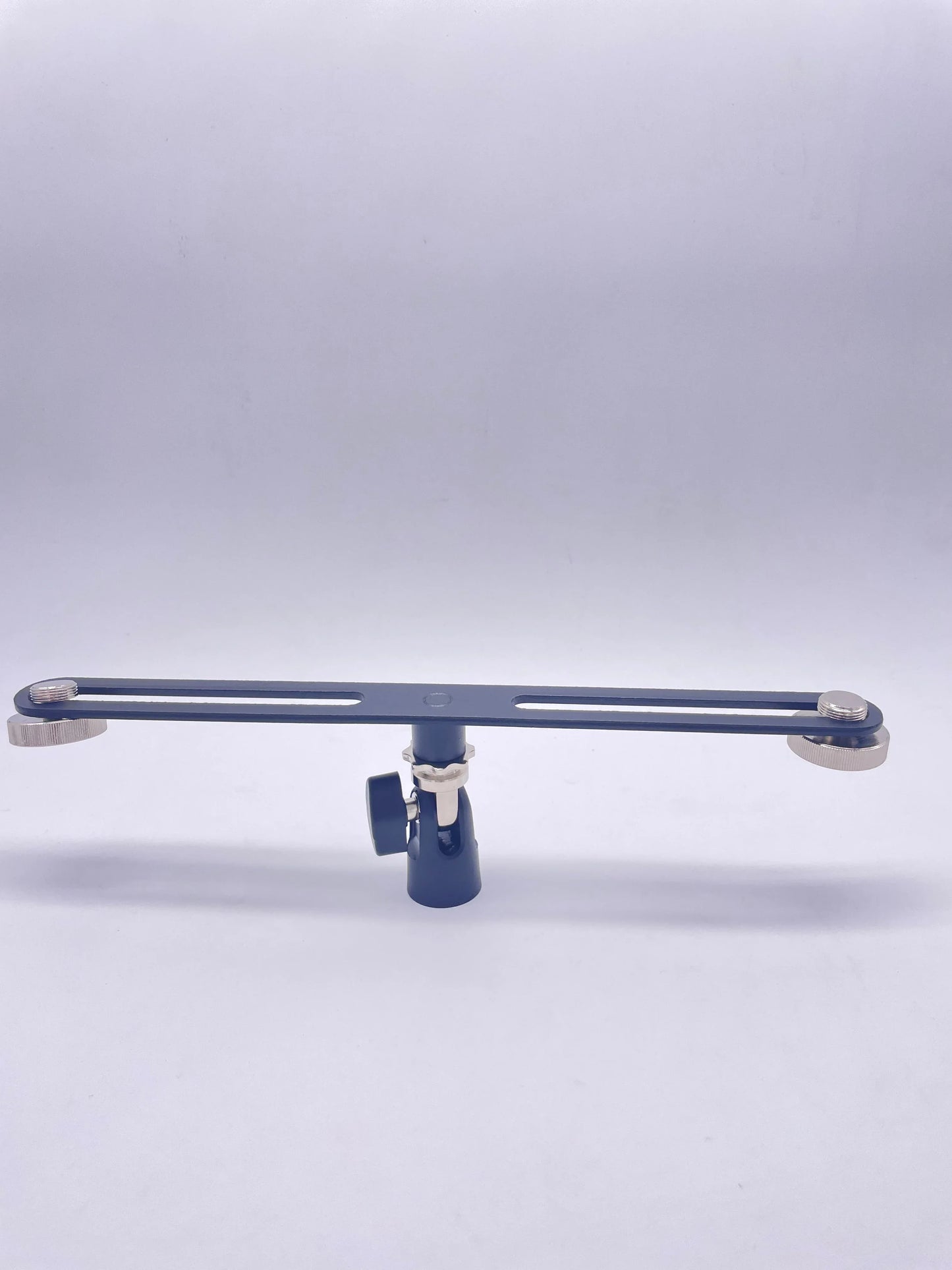 Blue metal camera slider with silver end caps and adjustable clamps for alctron double microphone stand mas020 stereo recording dual use