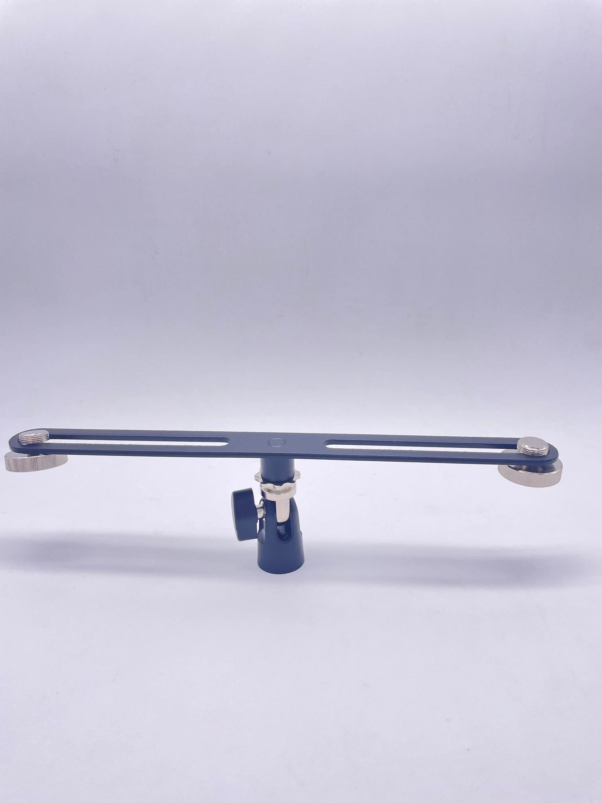 Blue metal camera slider with silver end caps and adjustable clamps for alctron double microphone stand mas020 stereo recording dual use