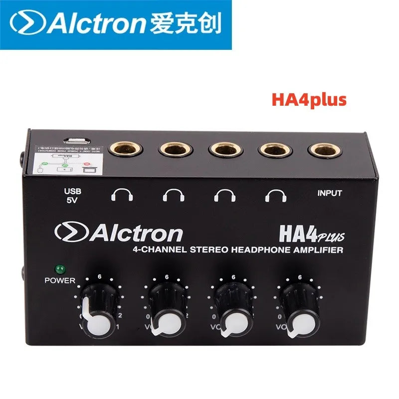 Black alctron ha4plus mini headphone amplifier with four gold-plated jacks and volume knobs for studio headphone splitter use