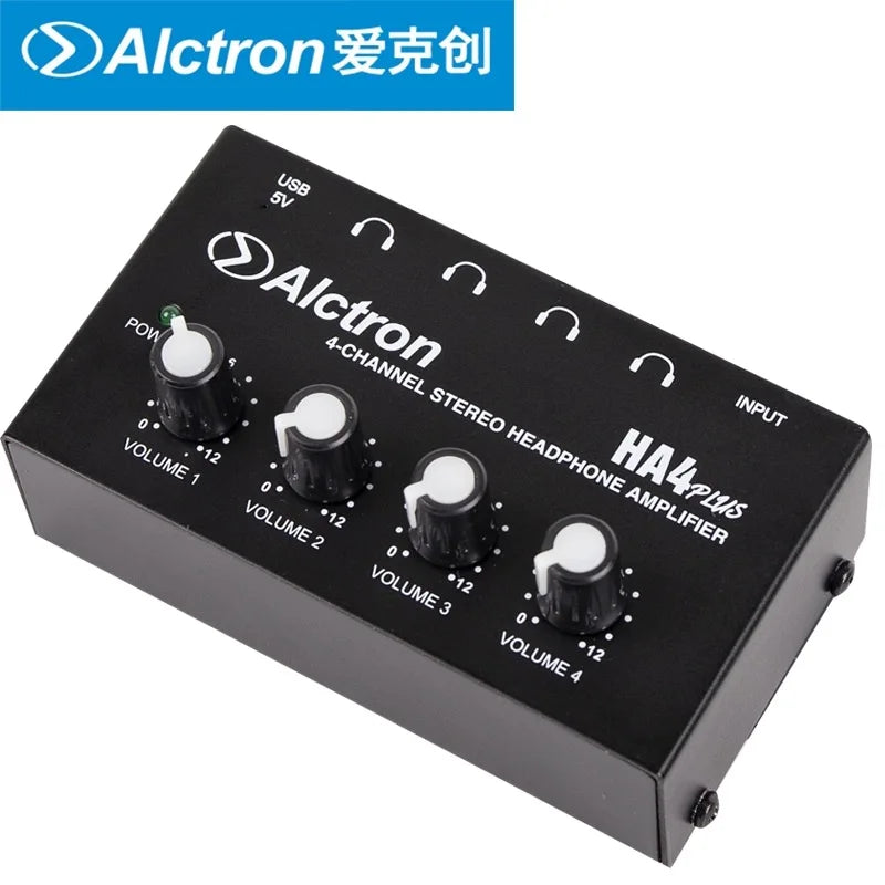Black alctron ha4plus mini headphone amplifier with four volume knobs and usb input for studio headphone splitter use