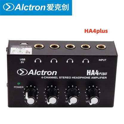 Black alctron ha4plus 4-channel stereo headphone amplifier usb with four gold-plated jacks and volume knobs for studio headphone splitter