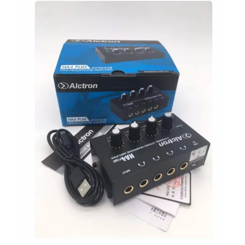 Black alctron ha4plus mini headphone amplifier with four knobs and gold audio jacks studio headphone splitter