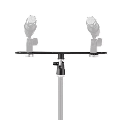 Black alctron mas020 double microphone stand with adjustable arms and central ball joint for stereo recording dual use