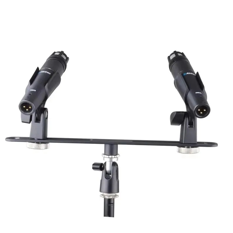 Black audio-technica at2035 microphones mounted on alctron mas020 double stereo recording dual microphone stand