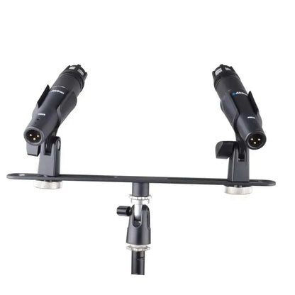 Black audio-technica at2035 microphones mounted on alctron mas020 double microphone stand for stereo recording dual setup