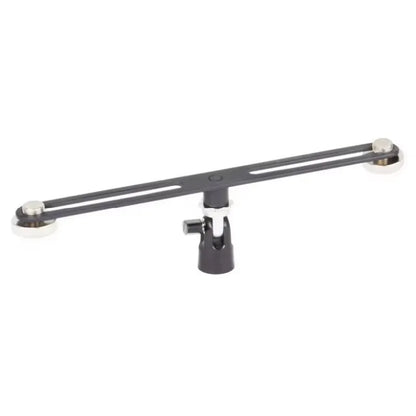 Black metal alctron mas020 double microphone stand with silver circular end caps and adjustable joint for stereo recording dual use