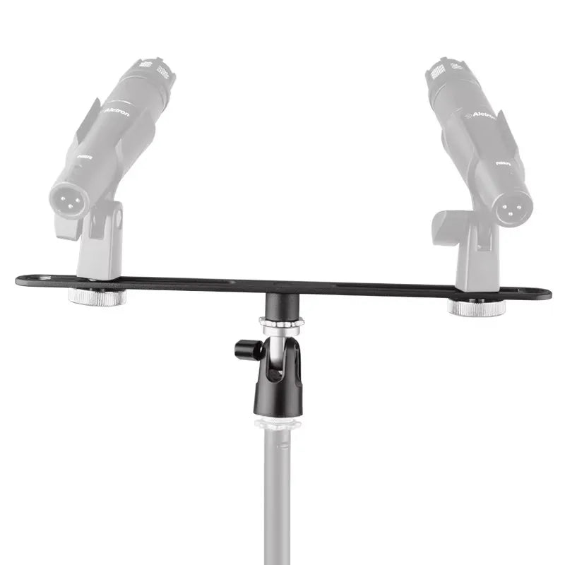 Black alctron mas020 double microphone stand with adjustable clamps for stereo recording dual microphone stand setup