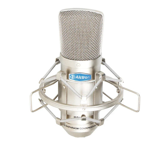Silver alctron mc001 professional studio microphone large diaphragm fet condenser with mesh grille and shock mount for recording with xlr connector