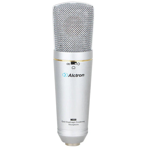 Silver alctron mc330 professional condenser microphone with gold diaphragm mesh grille for studio recording and broadcasting station