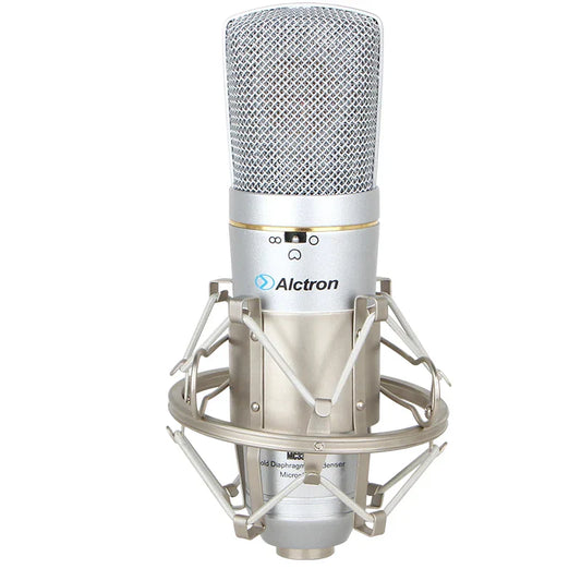 Silver alctron mc330 professional fet condenser microphone with mesh grille and shock mount for studio broadcasting station