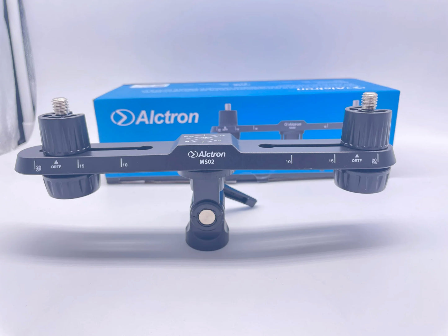 Black alctron ms02 dual microphone stereo recording stand portable tripod head with adjustable knobs and measurement markings