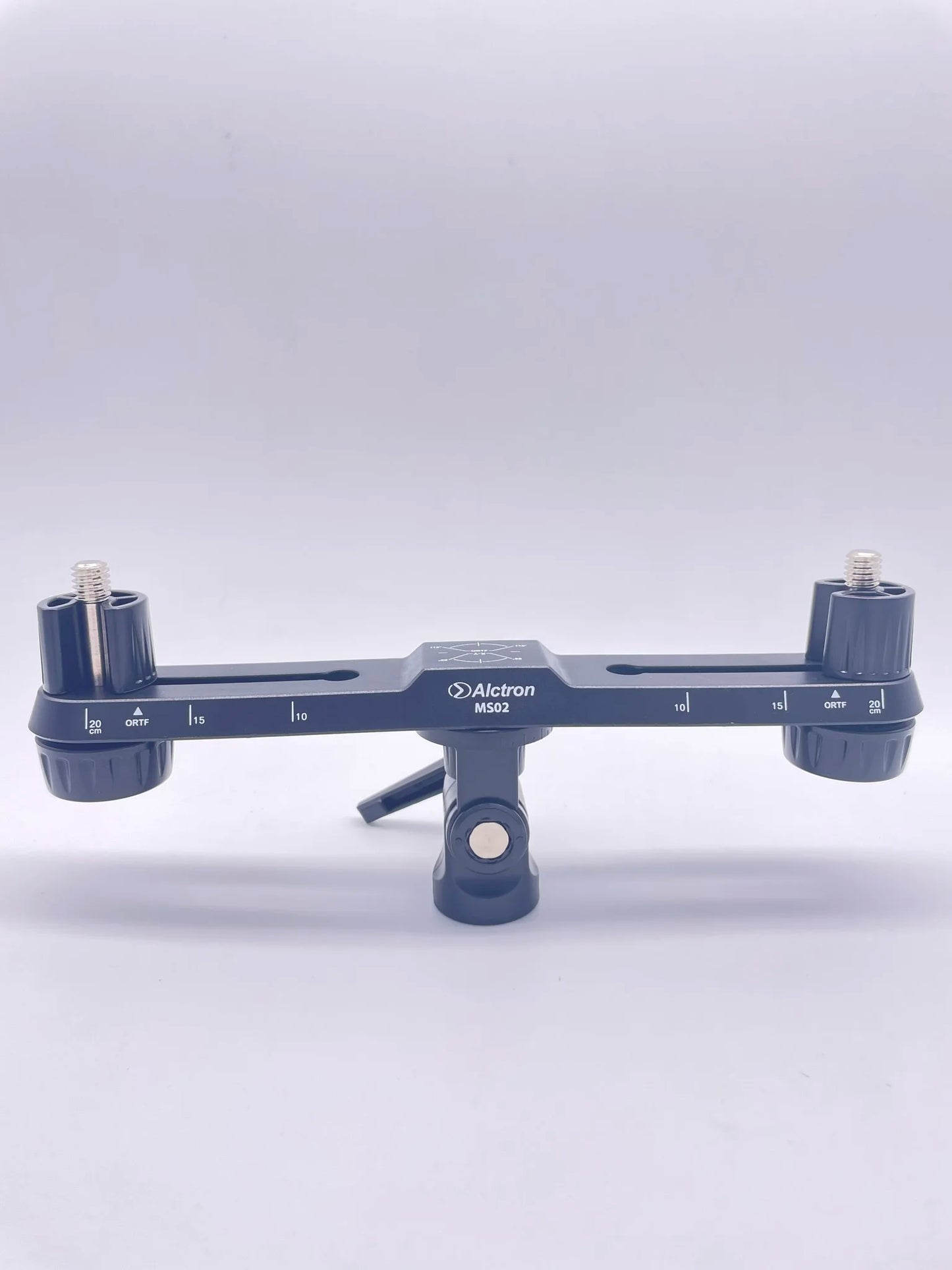 Dark blue alctron ms02 dual microphone stereo recording stand with adjustable arms and measurement markings portable and stable