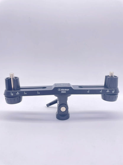 Dark blue alctron ms02 dual microphone stereo recording stand with adjustable arms and measurement markings portable and stable
