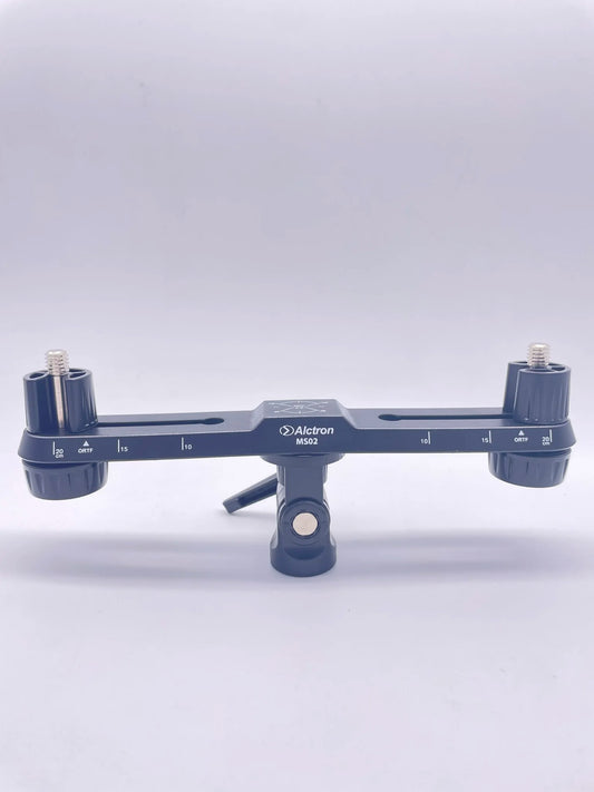 Dark blue alctron ms02 dual microphone stereo recording stand with adjustable arms and measurement markings portable and stable