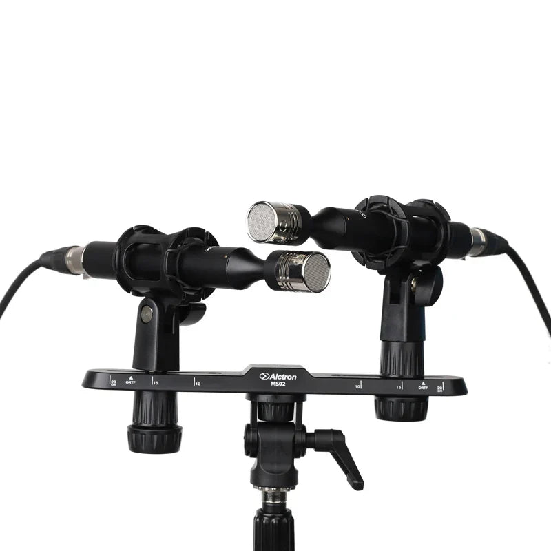 Black Alctron m502 dual microphone stand with two condenser microphones on Alctron MS02 professional stereo recording bar with height adjustable function