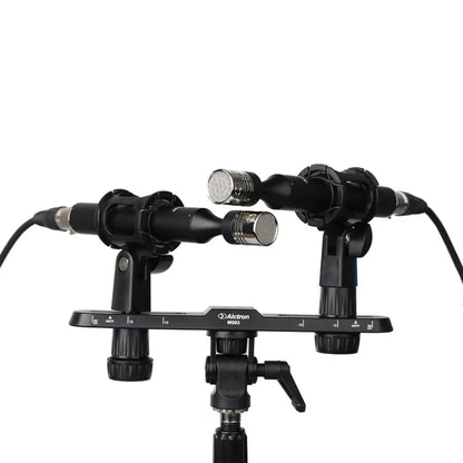 Black Alctron m502 dual microphone stand with two condenser microphones on Alctron MS02 professional stereo recording bar with height adjustable function