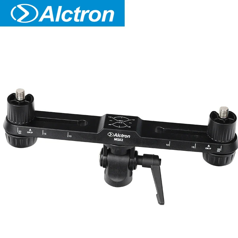 Black Alctron MS02 professional stereo recording bar with height adjustable function and measurement markings on camera tripod mount