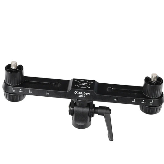 Black Alctron MS02 stereo recording dual mic flat stand arm with adjustable knobs and measurement scale markings