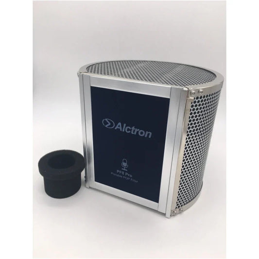 Silver alctron pf8 pro pop filter with perforated metal mesh and black foam acoustic filter recording for noise reduction