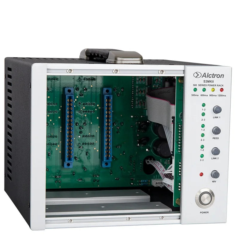 Alctron s3 mkii studio power rack with green circuit board blue connectors in black and white metal triple channel chassis