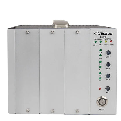 Alctron s3 mkii triple channel 500 series module studio power rack with black knobs green red lights and silver button