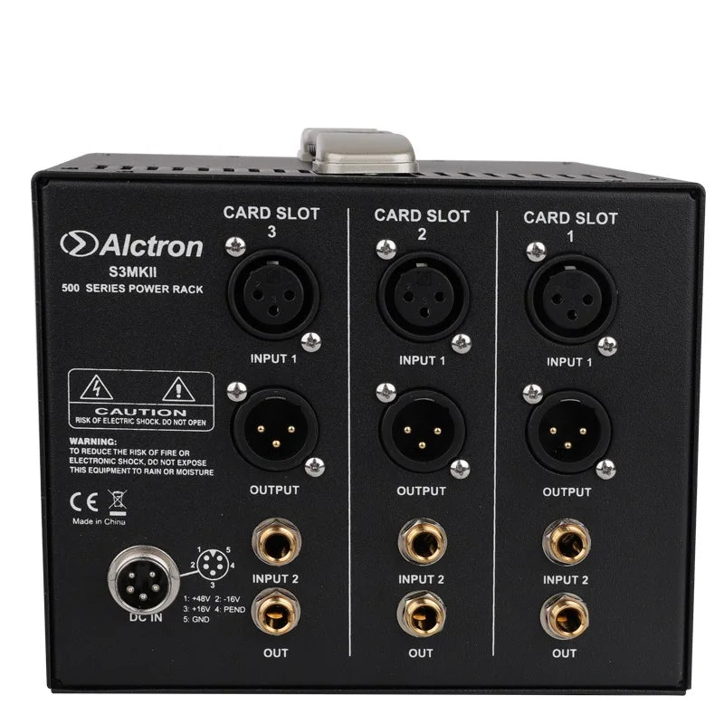 Black alctron s3 mkii triple channel 500 series module studio power rack with gold-plated xlr inputs and card slots back view