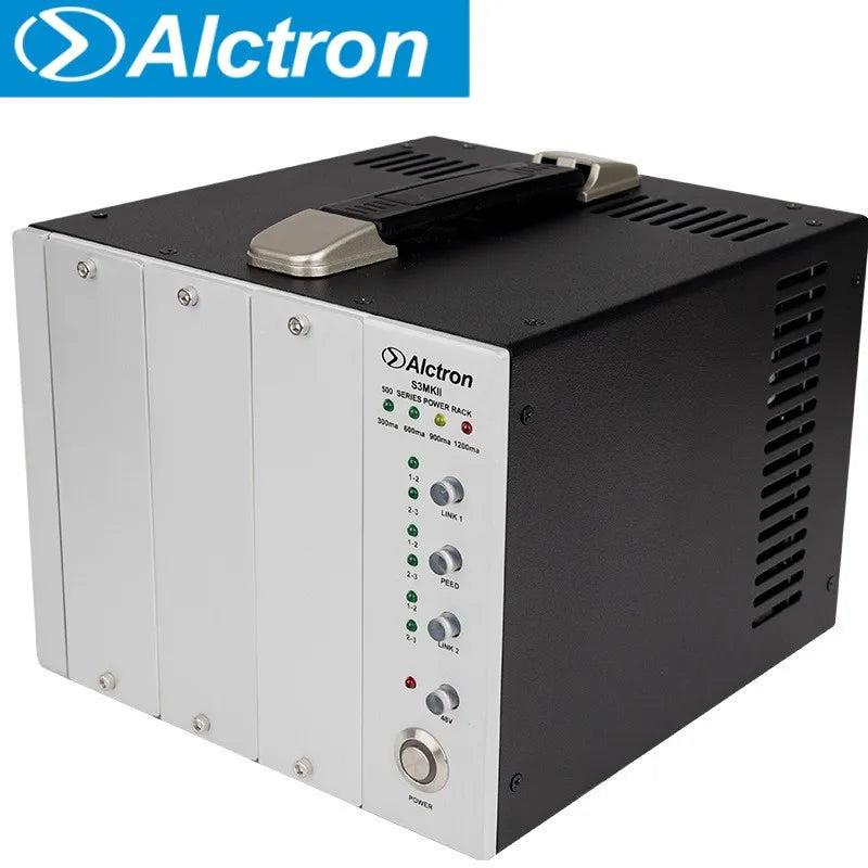 Black and silver Alctron S3 MKII triple channel 500 series studio power rack with ventilation slots and control knobs