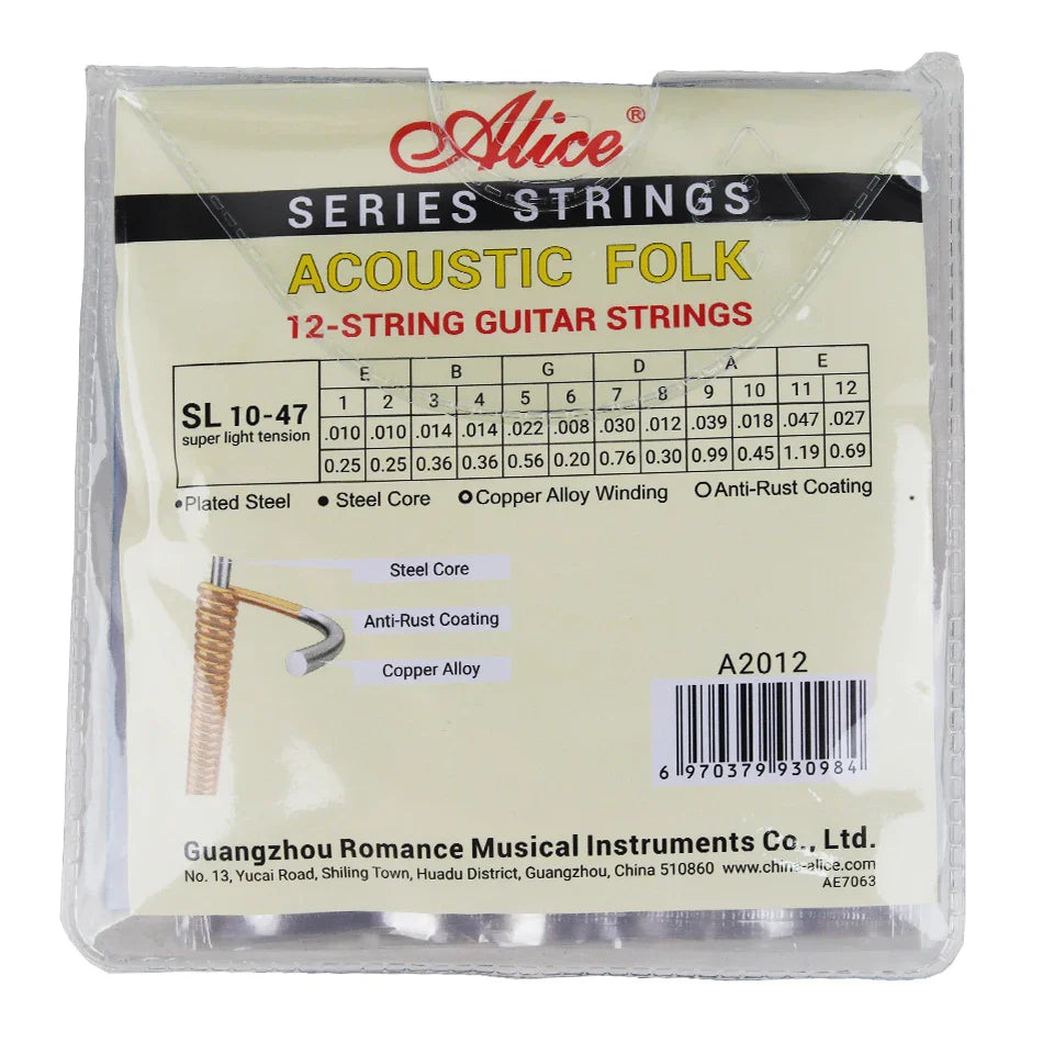 Alice A2012 12-string acoustic guitar strings with plated steel core and coated copper alloy winding for durability