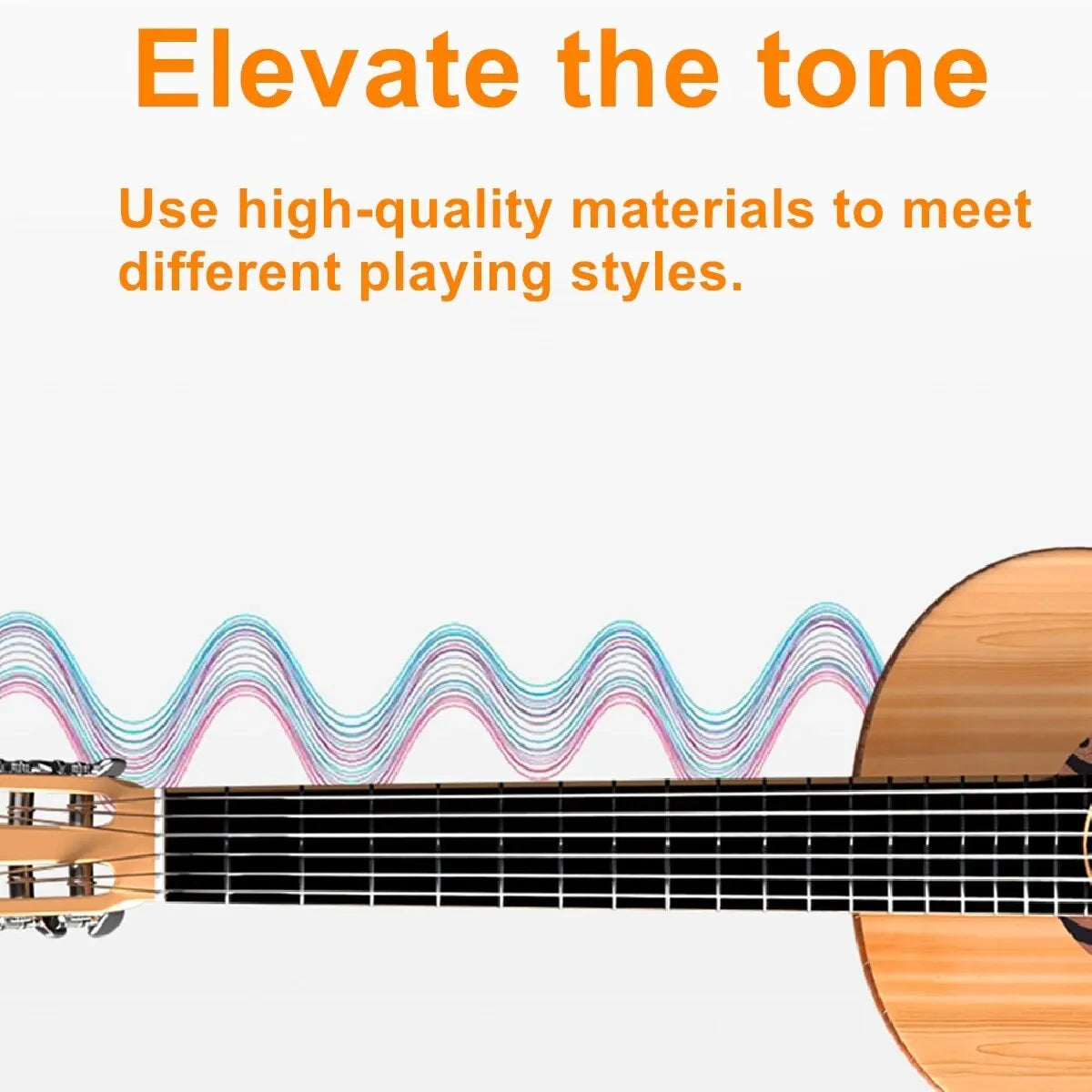 Acoustic guitar with natural wood finish and black fretboard featuring alice classical guitar nylon fiber strings for classical musical instruments