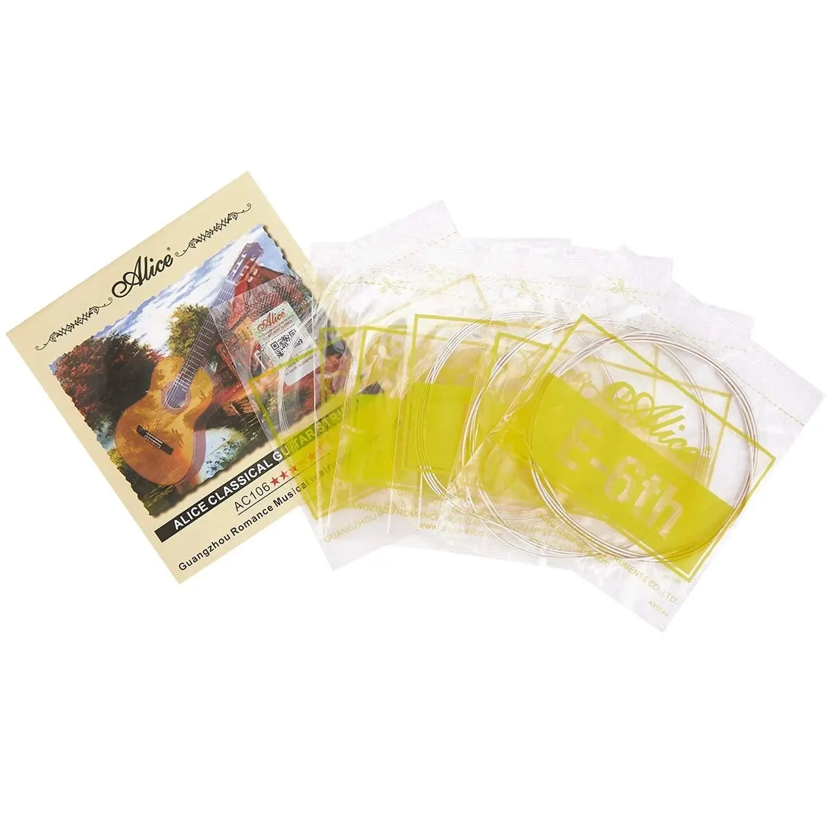 Alice classical guitar nylon fiber strings set of six silver metal wires in clear plastic packaging with yellow labels for classical musical instruments